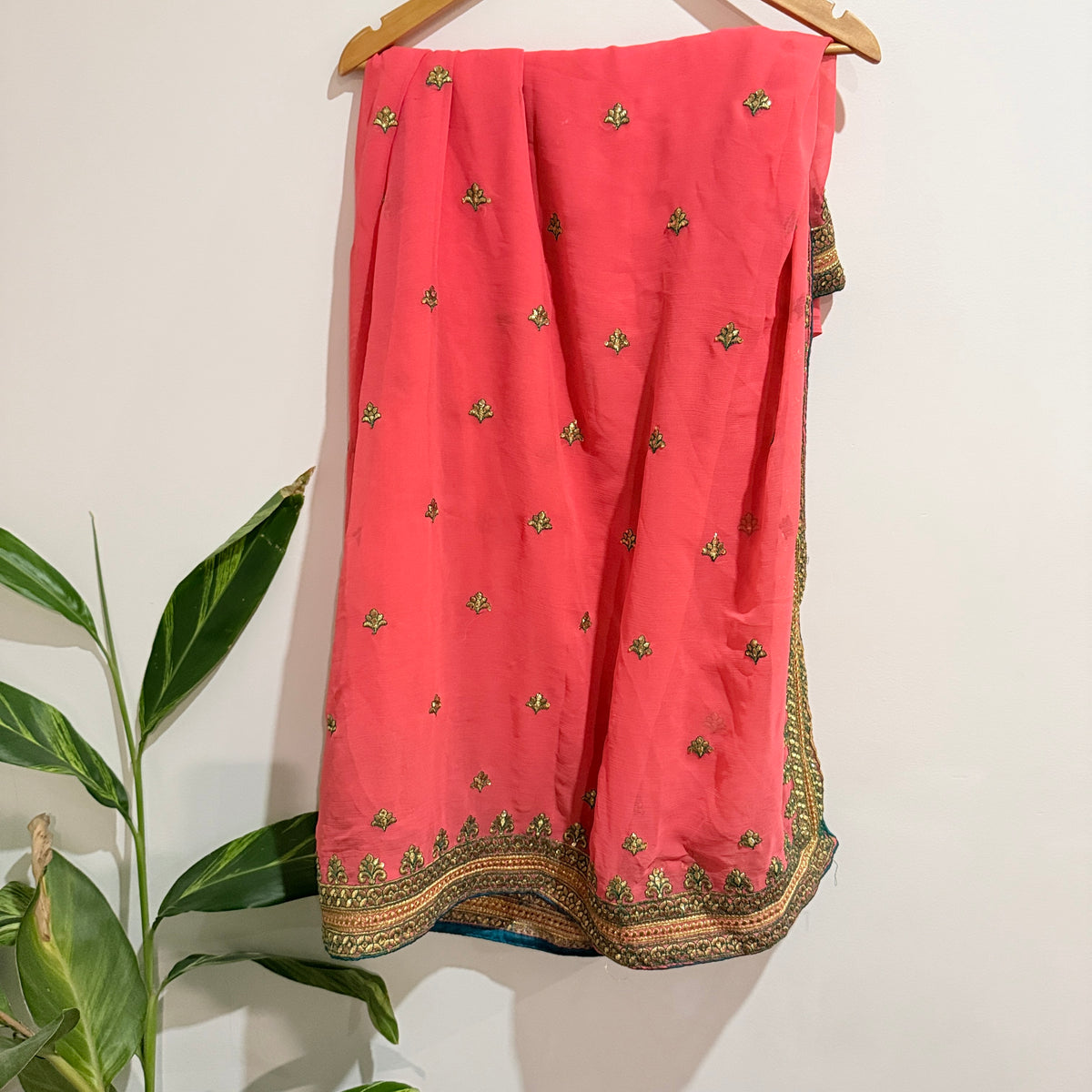 Coral Pink and Gold Embroidered Saree