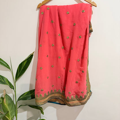 Coral Pink and Gold Embroidered Saree