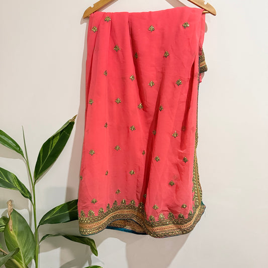Coral Pink and Gold Embroidered Saree