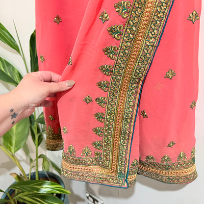 Coral Pink and Gold Embroidered Saree
