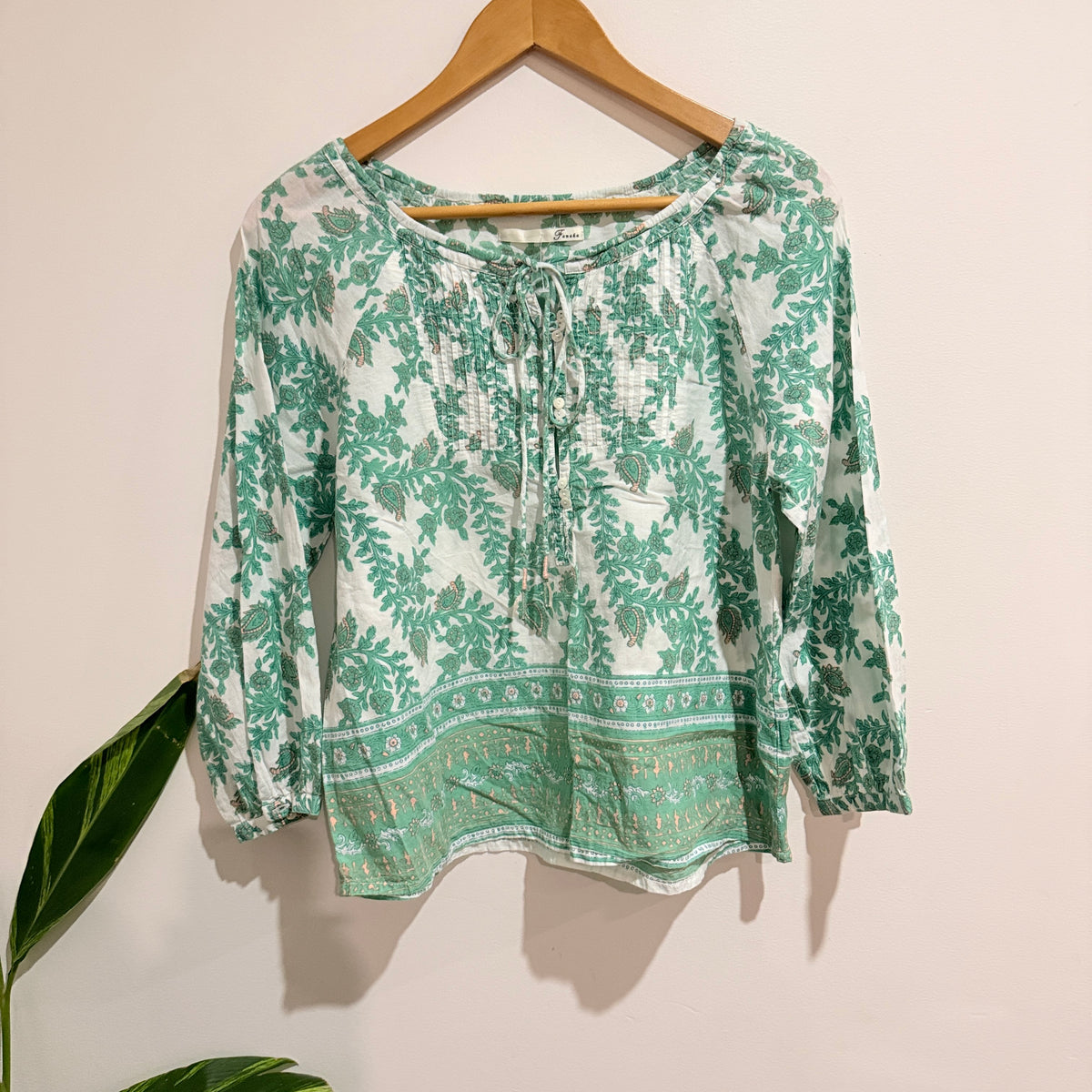 Fanaka Green Floral Block Print Cotton Blouse - 51cm underarm