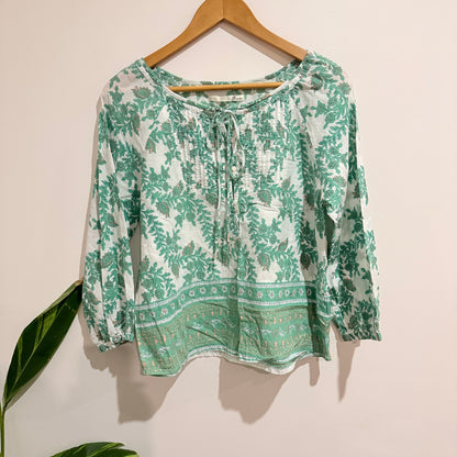Fanaka Green Floral Block Print Cotton Blouse - 51cm underarm