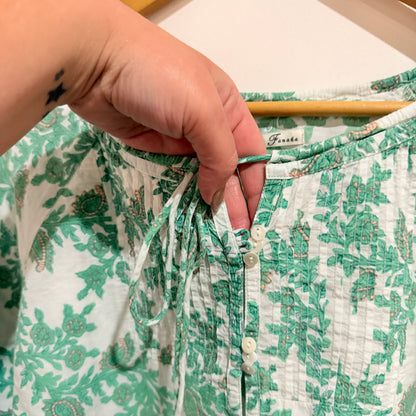 Fanaka Green Floral Block Print Cotton Blouse - 51cm underarm