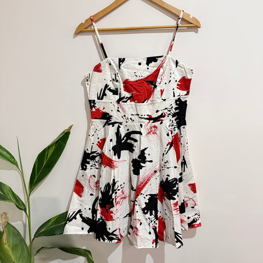 Creem White Red and Black Paint Splatter Print Skater Dress Size 12