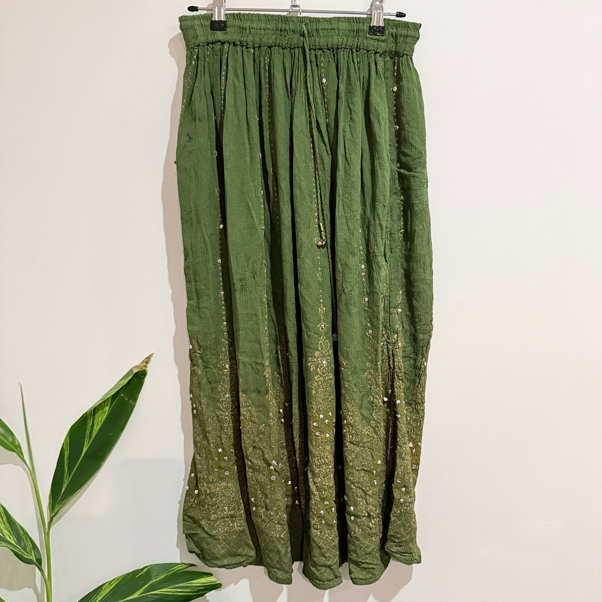 Green Sequin Embroidered Boho Maxi Skirt Free Size
