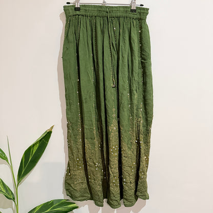 Green Sequin Embroidered Boho Maxi Skirt Free Size