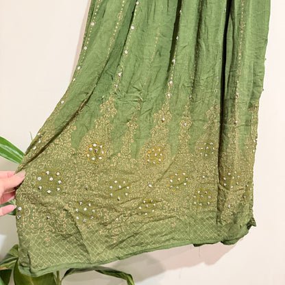 Green Sequin Embroidered Boho Maxi Skirt Free Size