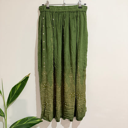 Green Sequin Embroidered Boho Maxi Skirt Free Size