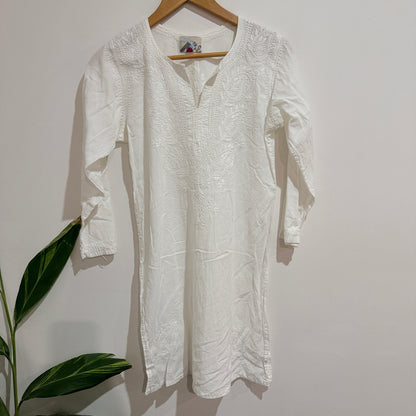 The Two Mrs Grenvilles White Embroidered Cotton Kurti - 45cm u/arm