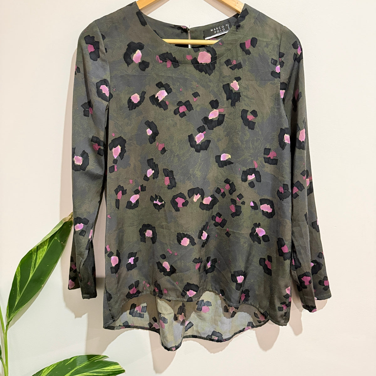 Marco Polo Khaki and Pink Animal Print Sheer Blouse Size 10