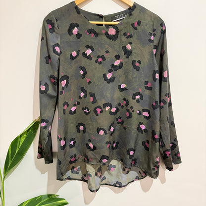 Marco Polo Khaki and Pink Animal Print Sheer Blouse Size 10