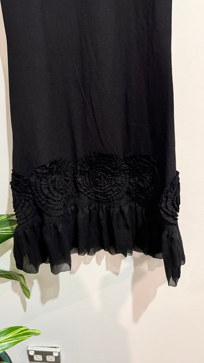 Black Rosette Applique Ruffle Hem Sleeveless Dress Size S
