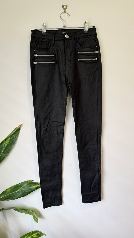 Pagani Black Coated Zip Detail Skinny Jeans Size 10