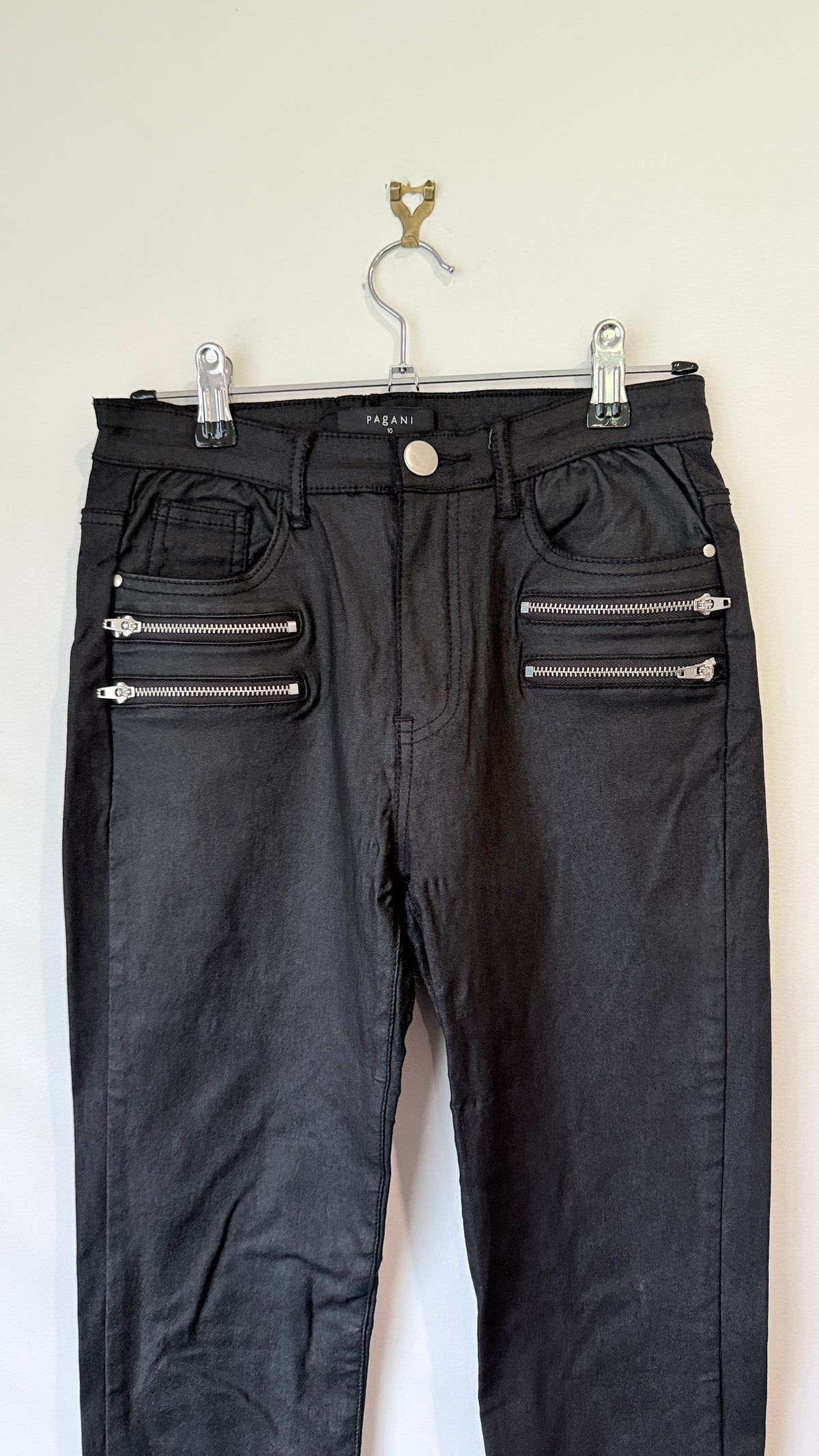 Pagani Black Coated Zip Detail Skinny Jeans Size 10