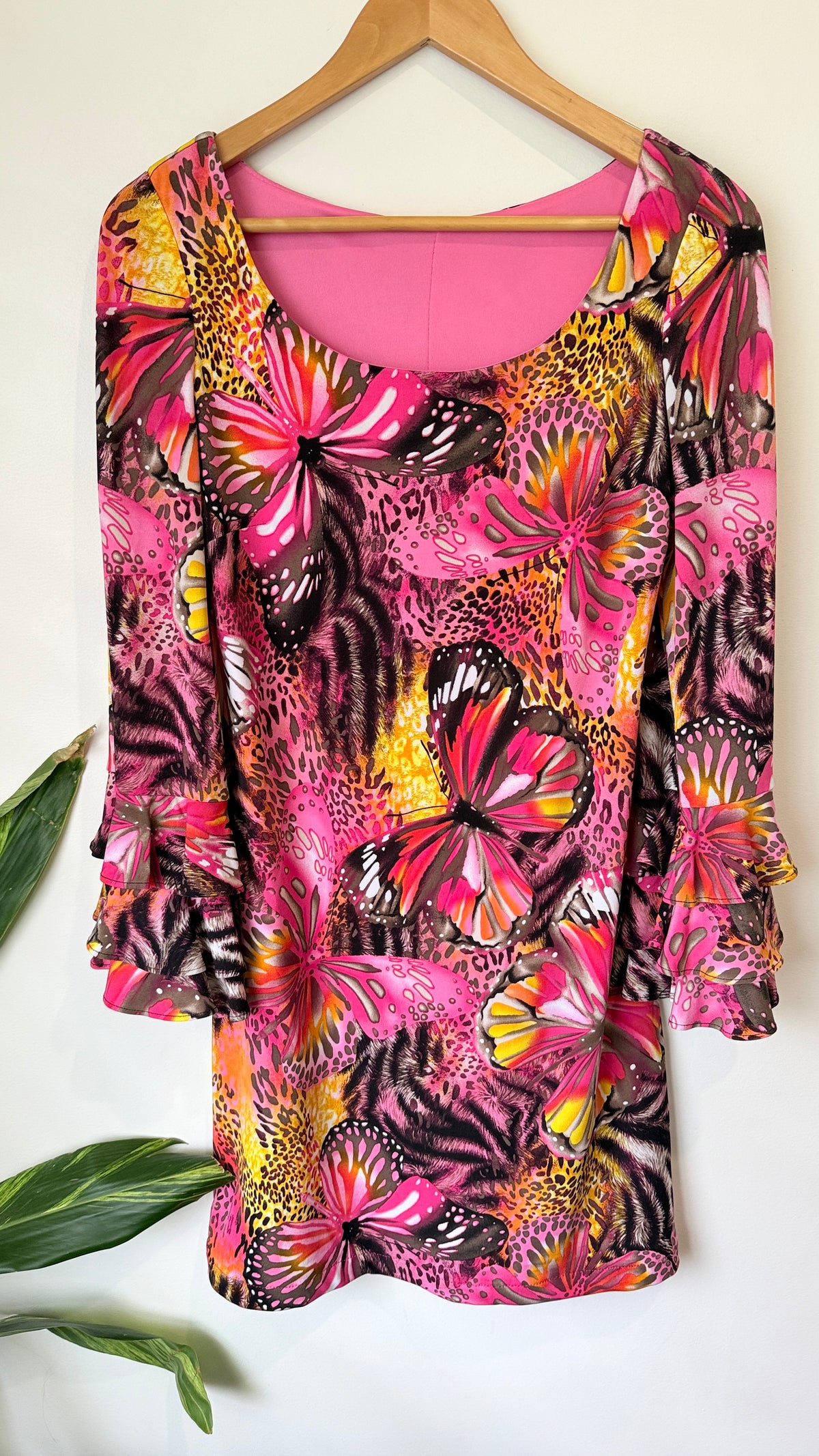 Pink Butterfly Print Flared Sleeve Dress - 40cm u/arm