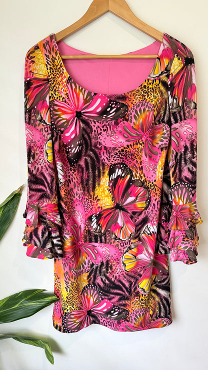 Pink Butterfly Print Flared Sleeve Dress - 40cm u/arm