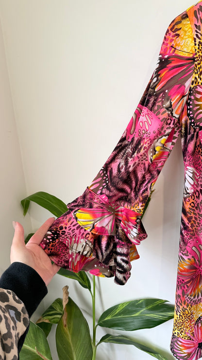 Pink Butterfly Print Flared Sleeve Dress - 40cm u/arm