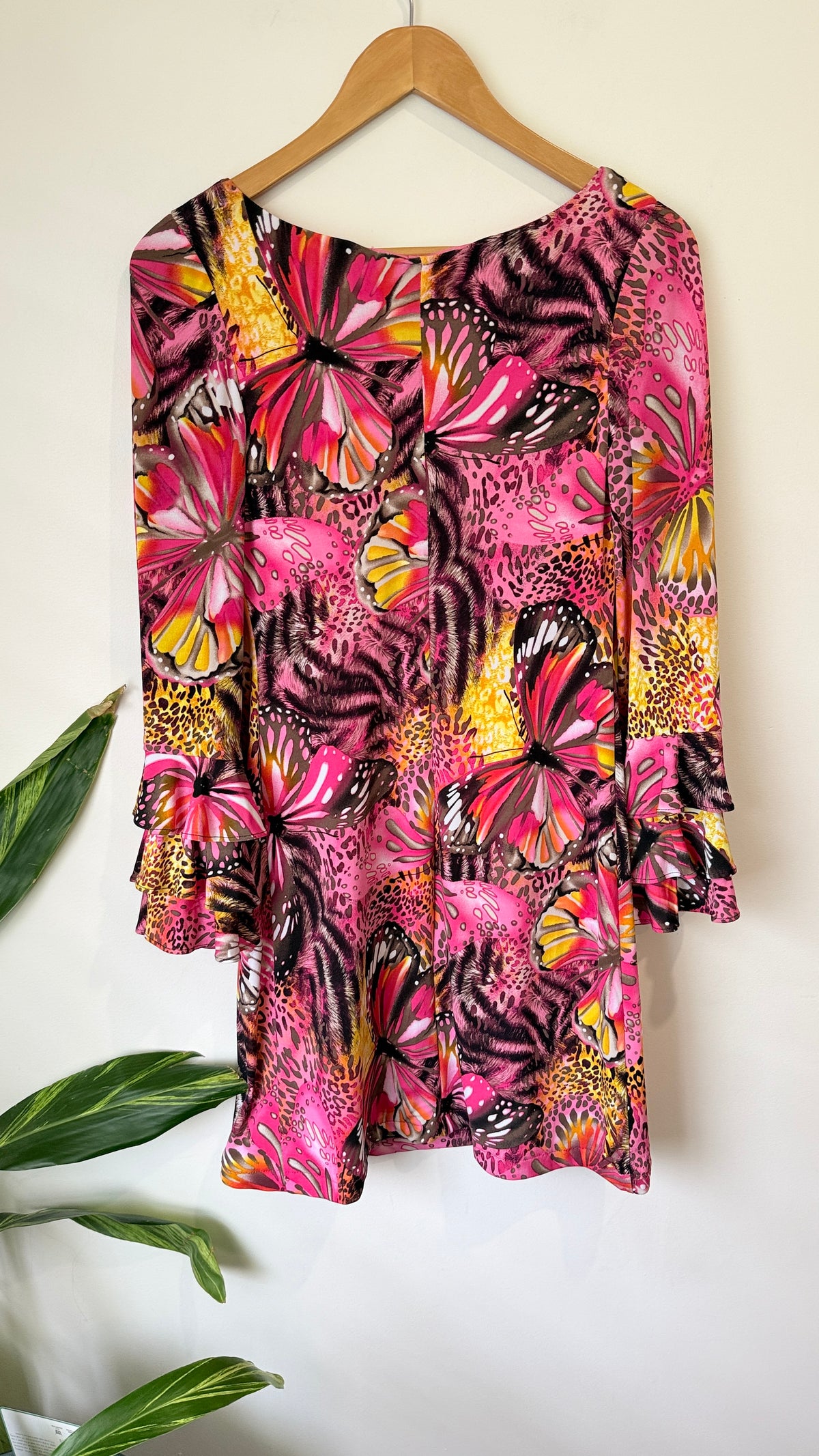 Pink Butterfly Print Flared Sleeve Dress - 40cm u/arm