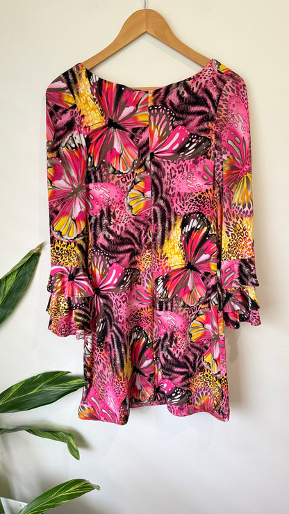 Pink Butterfly Print Flared Sleeve Dress - 40cm u/arm