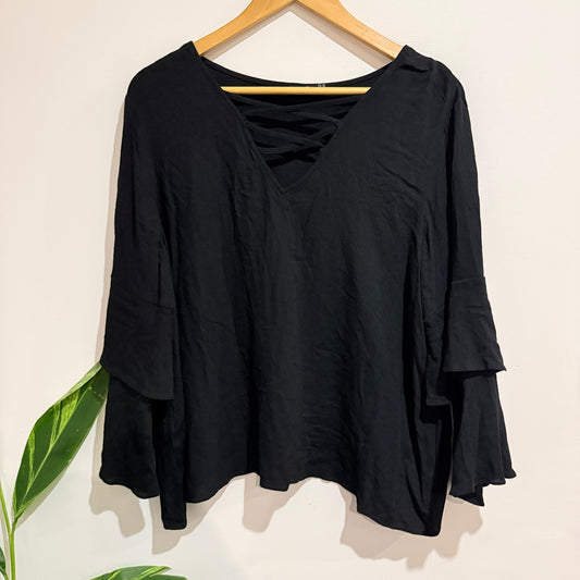SASS Black Lattice Neck Flute Sleeve Blouse Size 14