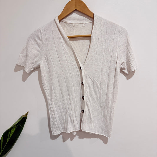 Cream Ribbed Knit Button Front Short Sleeve Top 38cm u/arm