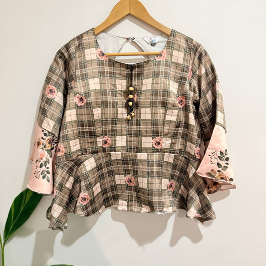 Eba Lifestyle Check and Rose Print Peplum Top 53cm u/arm