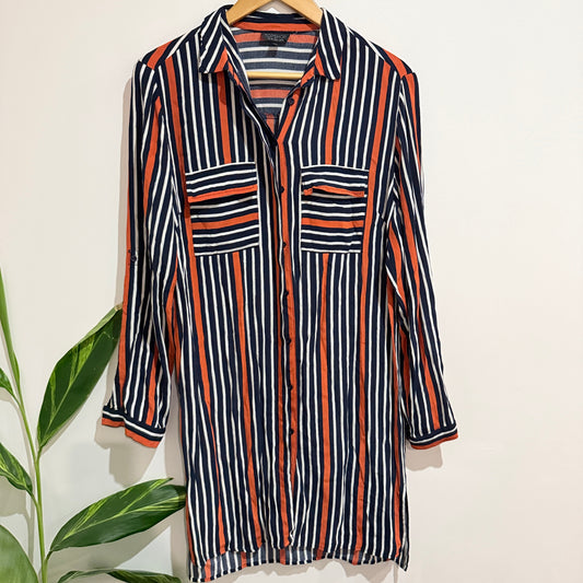 Topshop Navy and Orange Stripe Longline Shirt Dress Size 10