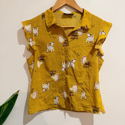 Revival Mustard Dog Print Short Sleeve Shirt Size 12