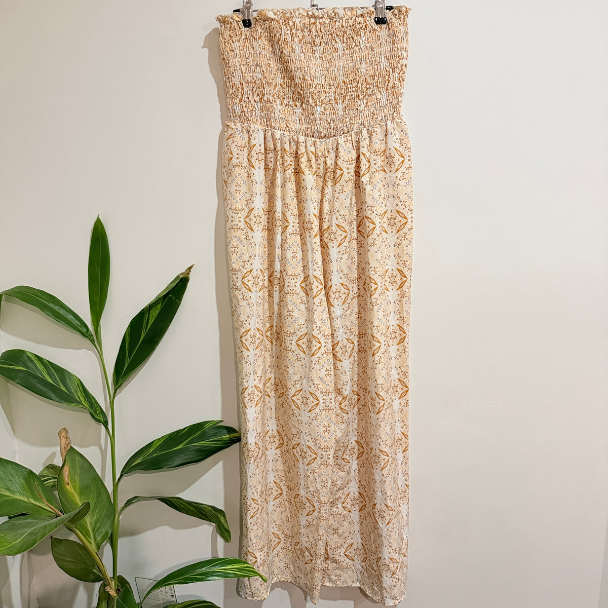 Cream and Gold Print Shirred Bandeau Jumpsuit Size 12