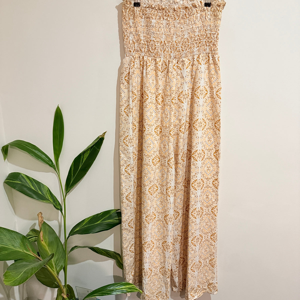 Cream and Gold Print Shirred Bandeau Jumpsuit Size 12