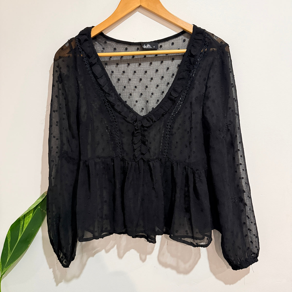 Dotti Black Dobby Spot Peplum Blouse Size 8