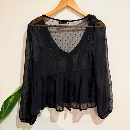 Dotti Black Dobby Spot Peplum Blouse Size 8