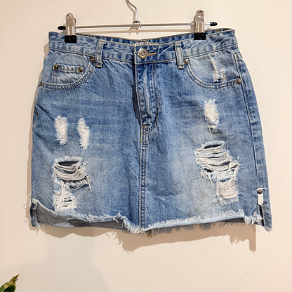 Wakee Denim Distressed Light Wash Denim Mini Skirt Size 10