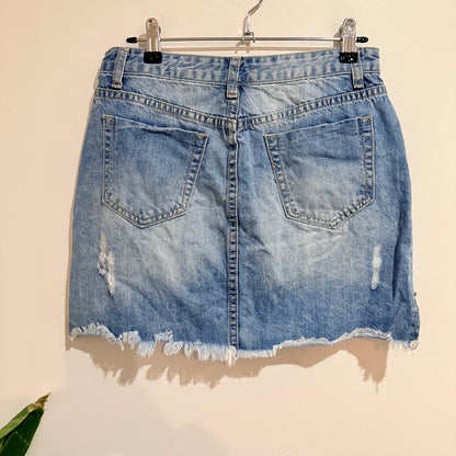 Wakee Denim Distressed Light Wash Denim Mini Skirt Size 10