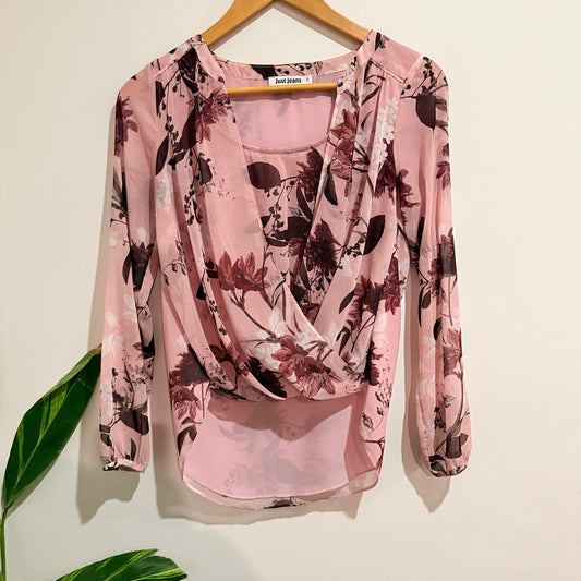 Just Jeans Pink Floral Wrap Front Blouse Size 8