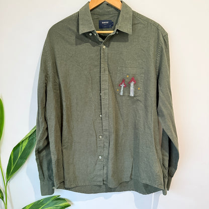 Barkers Olive Shirt with Hand Painted Mushrooms Size XL