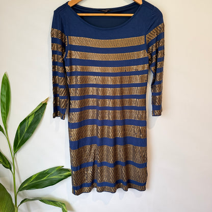 Phase Eight Navy Gold Sequin Stripe Dress Size 12