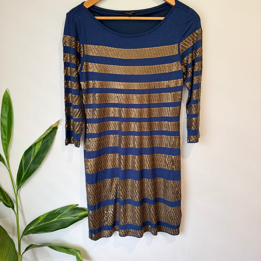 Phase Eight Navy Gold Sequin Stripe Dress Size 12