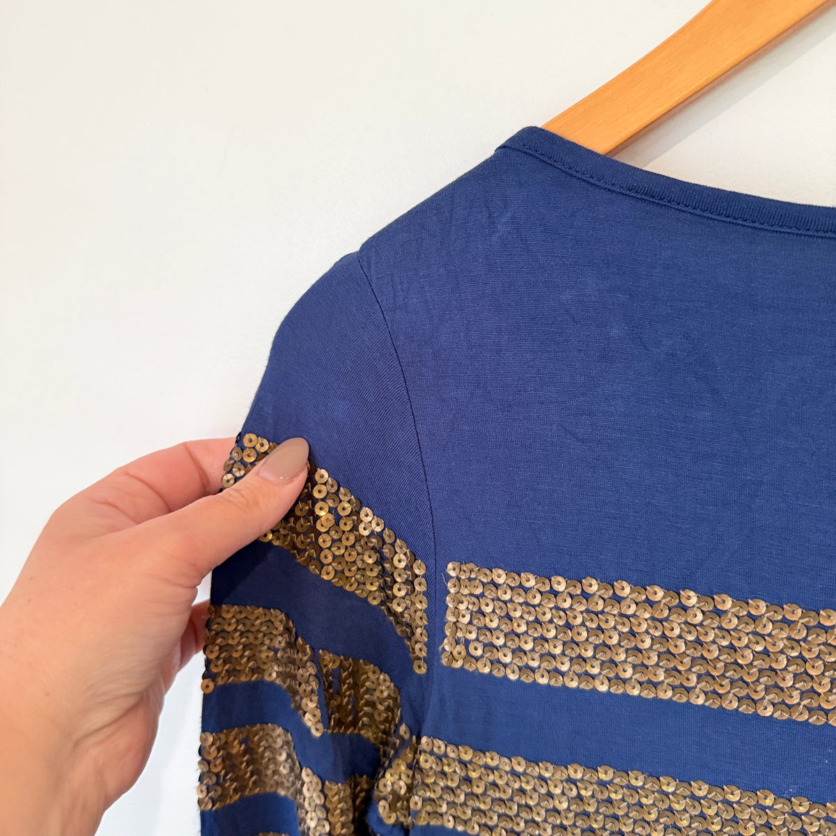 Phase Eight Navy Gold Sequin Stripe Dress Size 12