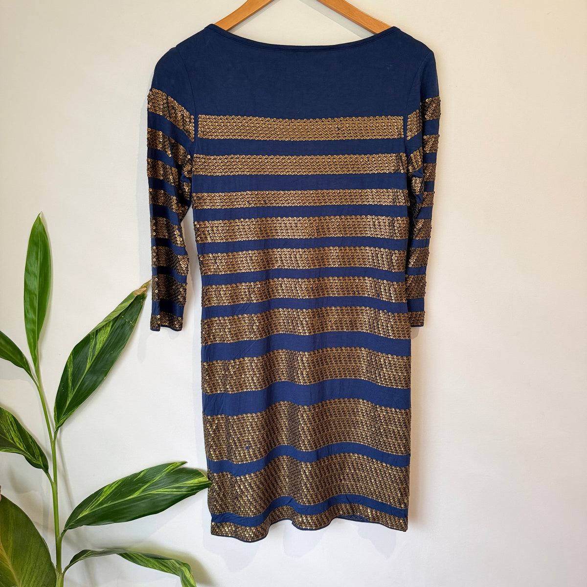 Phase Eight Navy Gold Sequin Stripe Dress Size 12