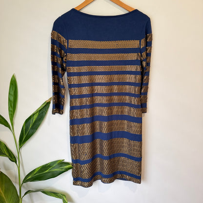 Phase Eight Navy Gold Sequin Stripe Dress Size 12