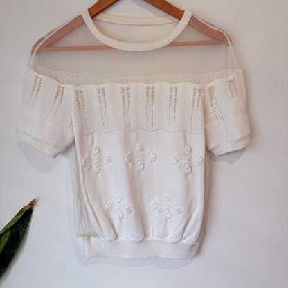 Yiguo Cream Mesh Yoke Knit Top - 41cm u/arm