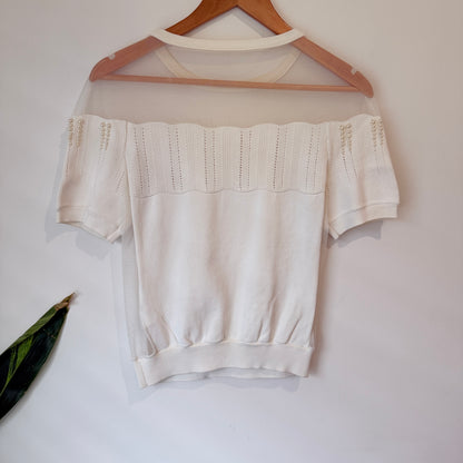 Yiguo Cream Mesh Yoke Knit Top - 41cm u/arm