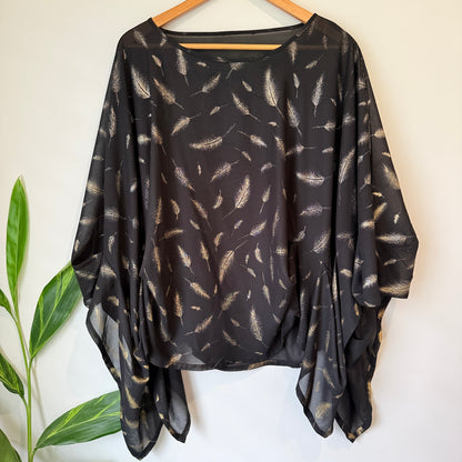 Augustine Black Gold Feather Print Sheer Top - One Size