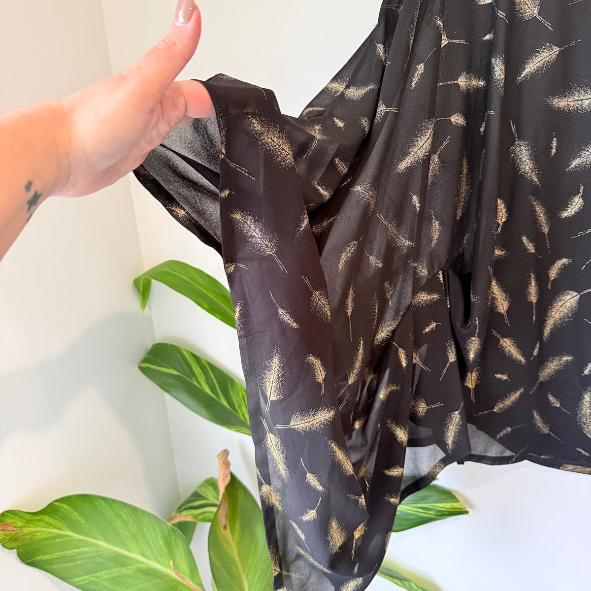 Augustine Black Gold Feather Print Sheer Top - One Size