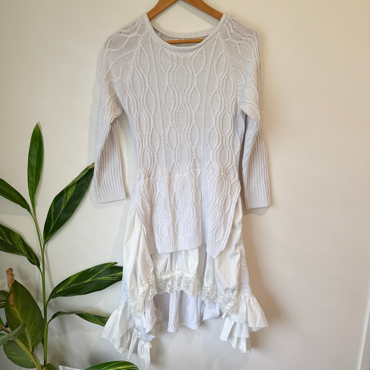 White Cable Knit Ruffle Hem Dress - 39cm u/arm