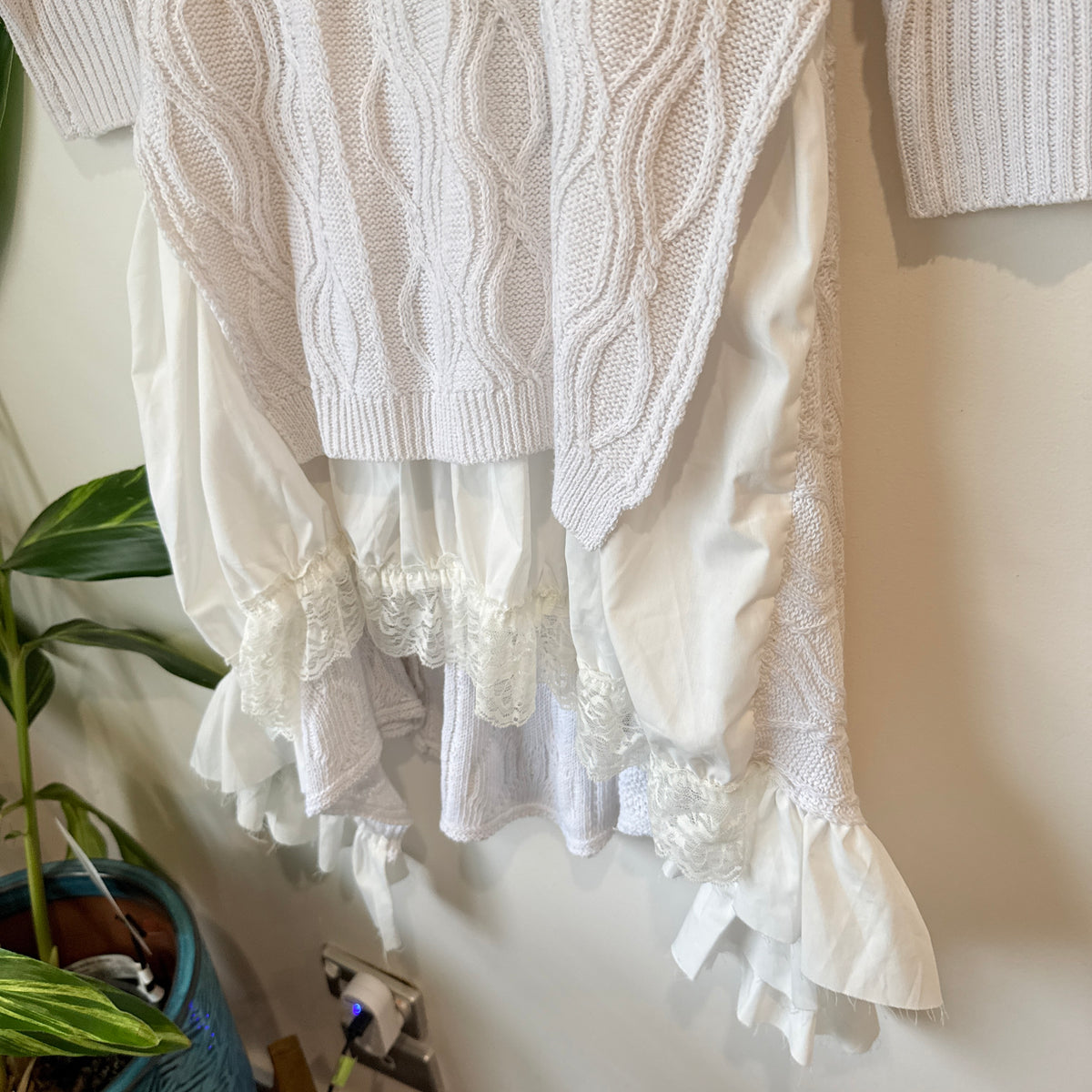 White Cable Knit Ruffle Hem Dress - 39cm u/arm