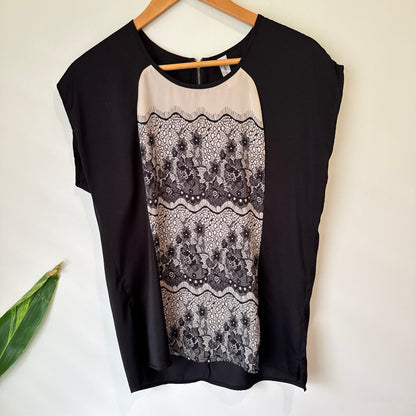 Who's Henri Black Lace Print Top Size 10