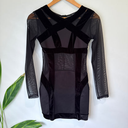 PrettyLittleThing Black Mesh Panel Bodycon Dress Size 8