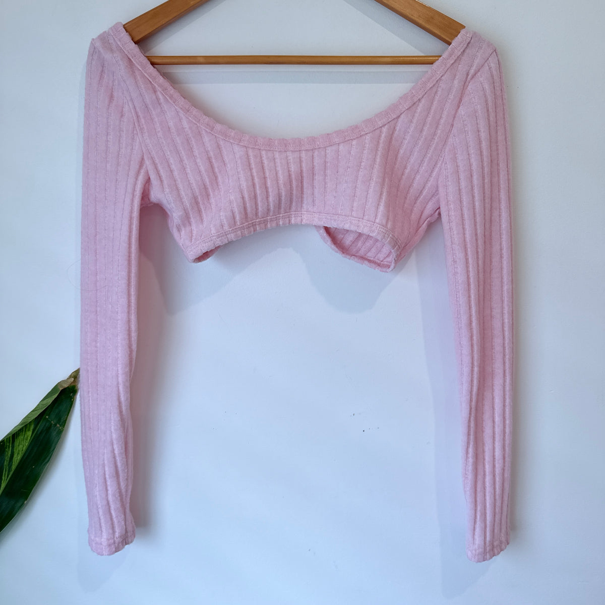 Pink Ribbed Cropped Long Sleeve Top Size XS